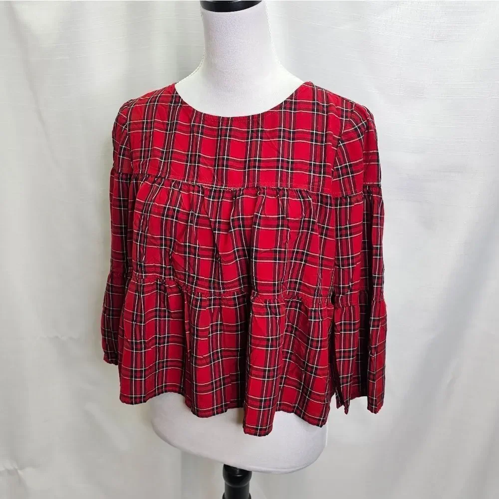 Madewell Red Plaid Tiered Button Back Swing Top Size Small
